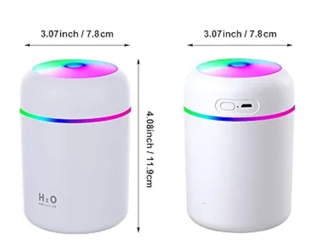 Two white cylindrical devices with colorful LED lights and measurements on a white background