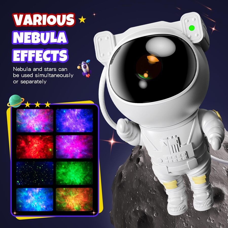 Astronaut toy on a moon surface with nebula effect display