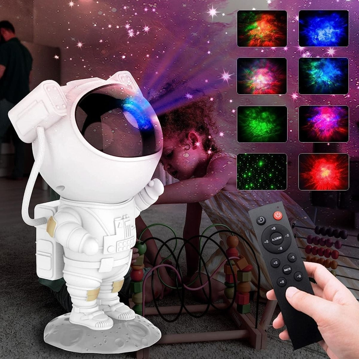 Astronaut-shaped night light with remote control and colorful projections on a wall.