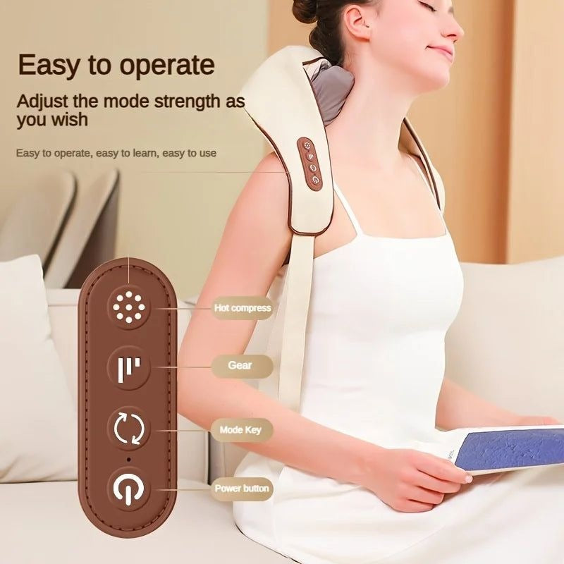 Woman using a neck and shoulder massager with control panel details.