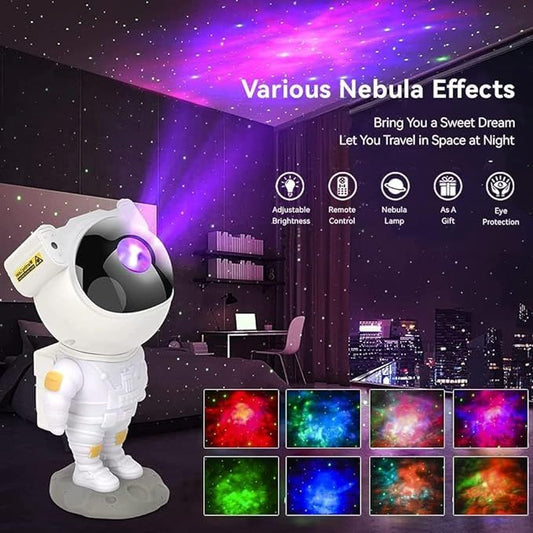 Astronaut-shaped nebula projector with various nebula effects displayed in a room.