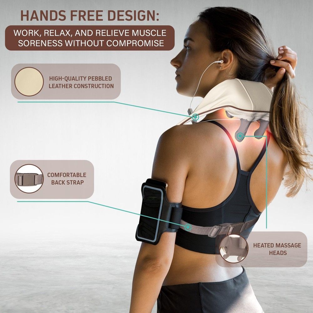 Woman wearing a neck and shoulder massager with text highlighting features on a gray background