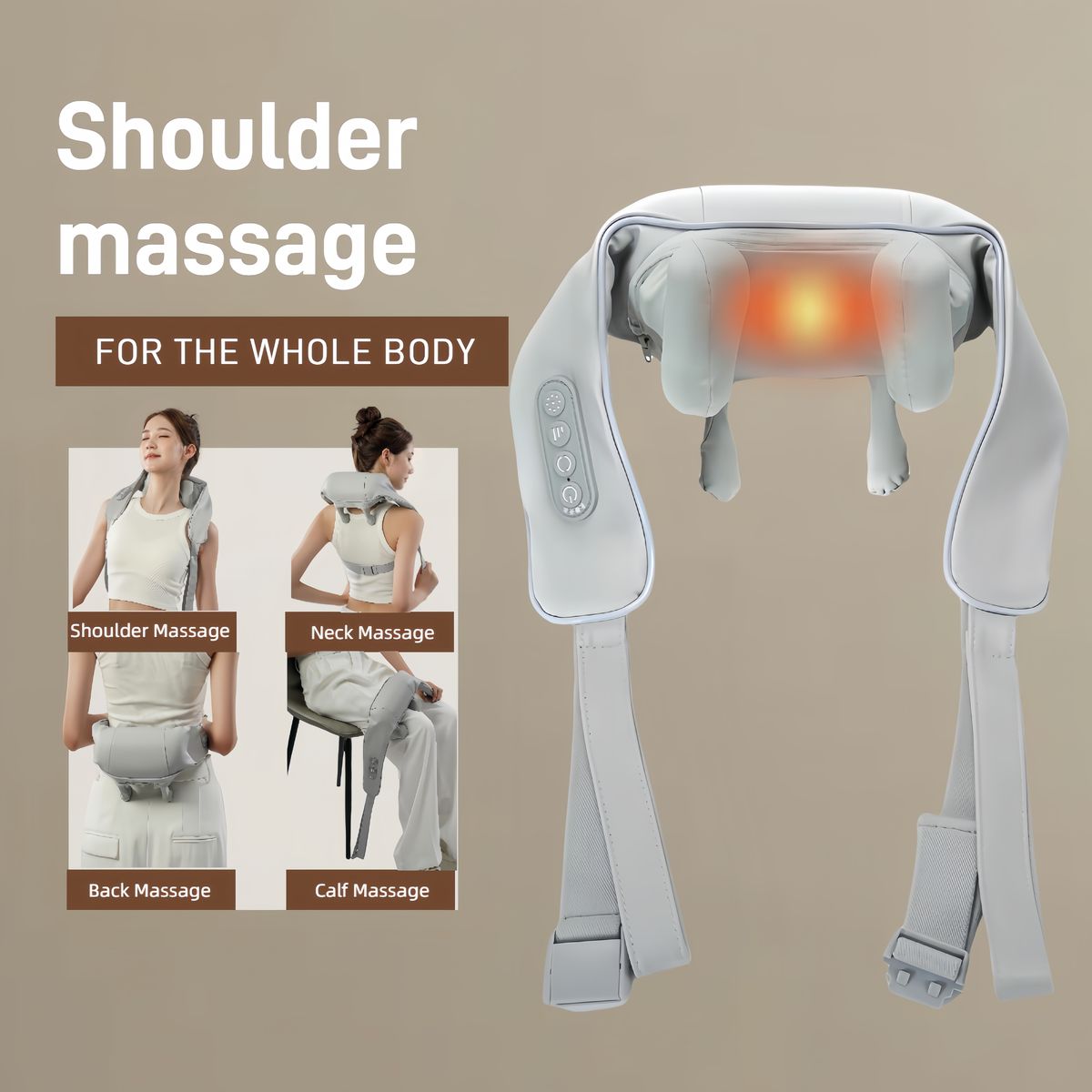 Massage device for shoulder, neck, back, and calf massage on a beige background