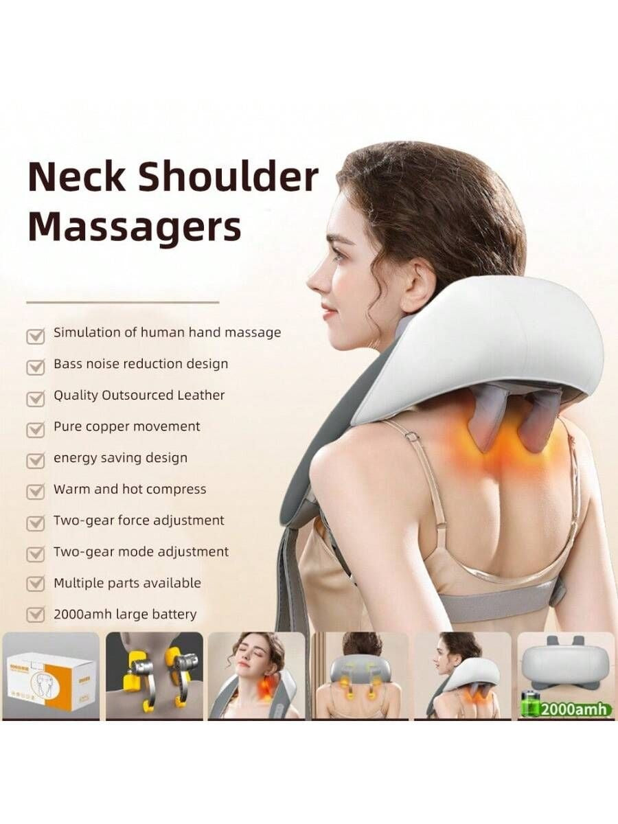 Neck shoulder massager being used on a person with features listed below.