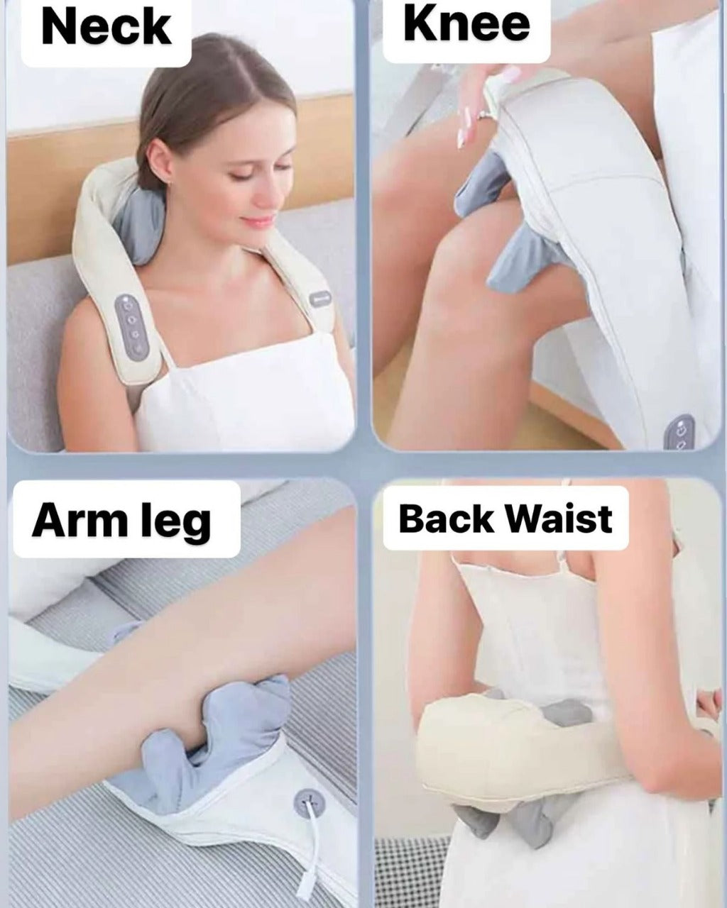Massage device being used on neck, knee, arm/leg, and back/waist areas.