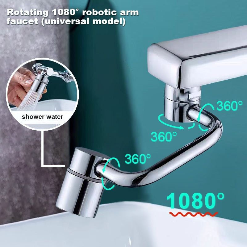 Rotating 1080° robotic arm faucet with water flowing from it, on a teal background.