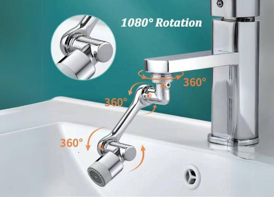 Chrome kitchen faucet with 1080-degree rotation feature on a sink background