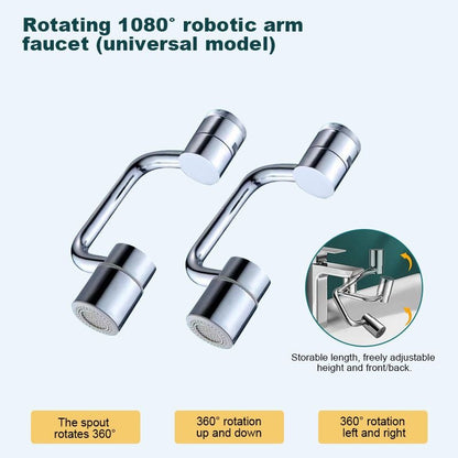 1080° robotic arm faucet with multiple nozzles on a light blue background