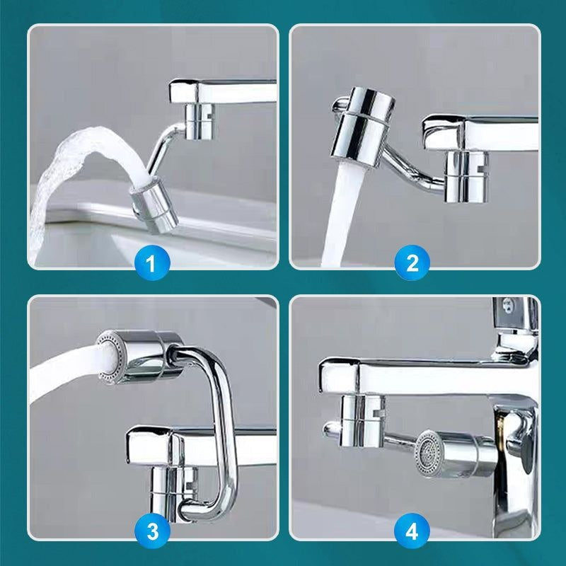 Four different views of a chrome faucet on a teal background