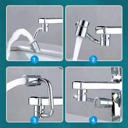 Four different views of a chrome faucet on a teal background
