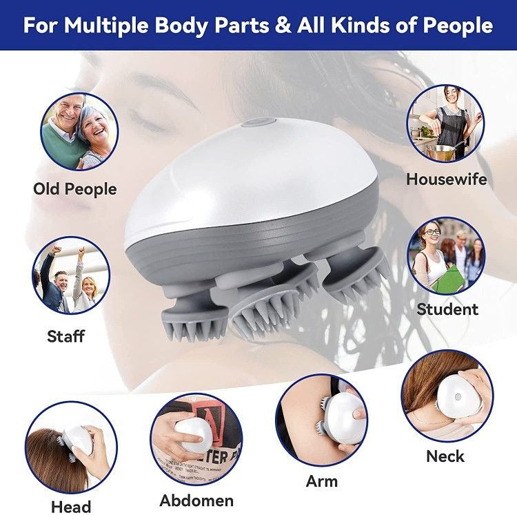Massage device with various application areas shown on a person, targeting different body parts and demographics.
