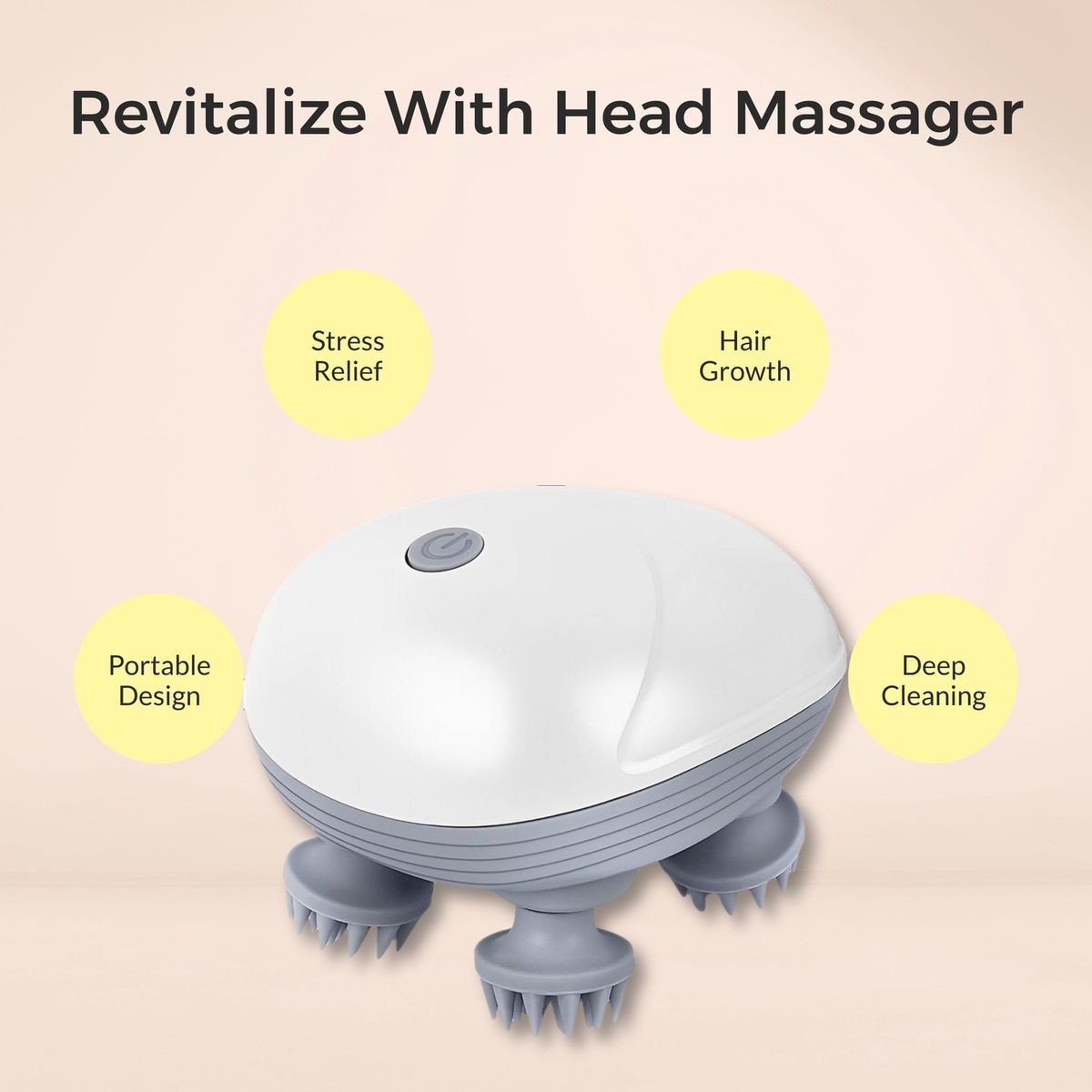 Head massager with text highlighting benefits on a beige background