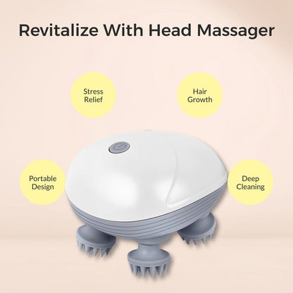 Head massager with text highlighting benefits on a beige background