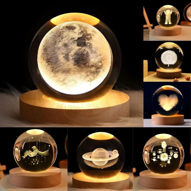 Collage of moon lamp with various designs on a dark background