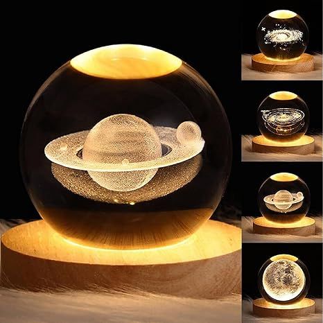 Glass sphere with 3D planet model on a wooden base, surrounded by similar spheres.