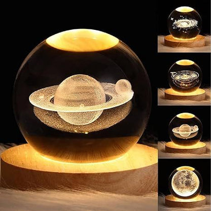 Glass sphere with 3D planet model on a wooden base, surrounded by similar spheres.