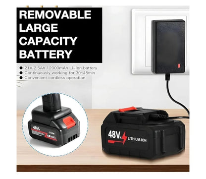 48V lithium-ion battery with charger and text about removable large capacity battery on a white background.