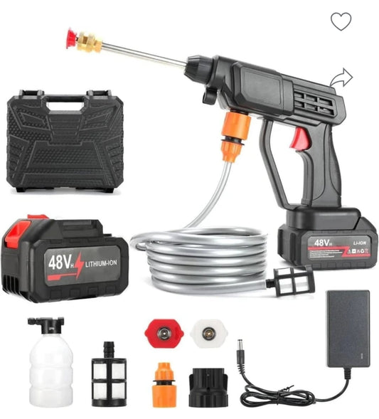 Cordless pressure washer set with gun, battery, and accessories on a white background