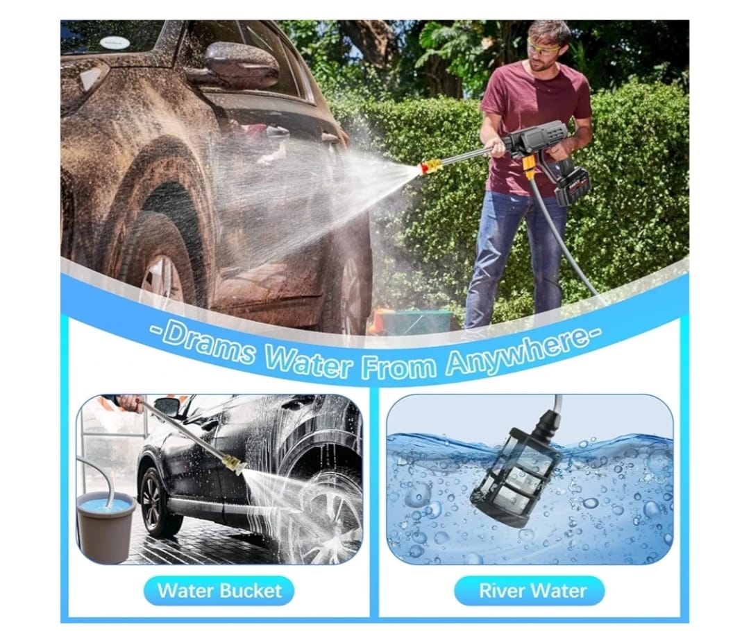 Person washing a car with a pressure washer, showing water being sprayed from different sources.