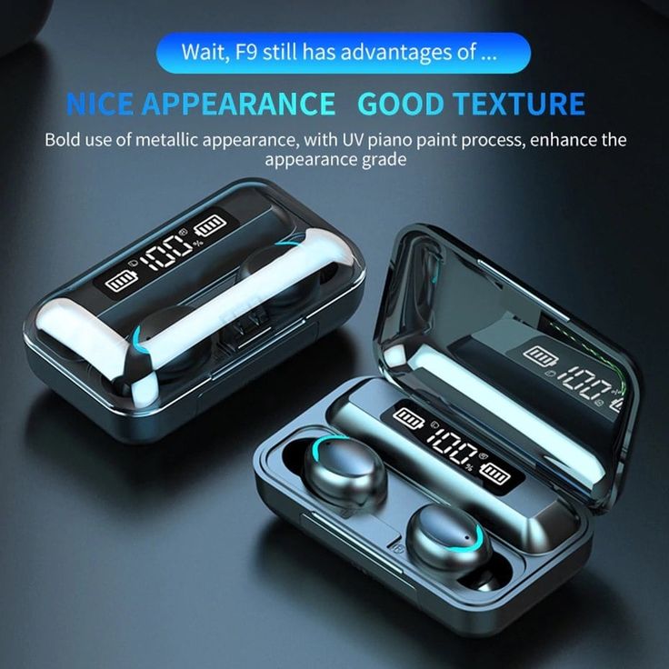 Wireless earbuds with charging case on a dark background