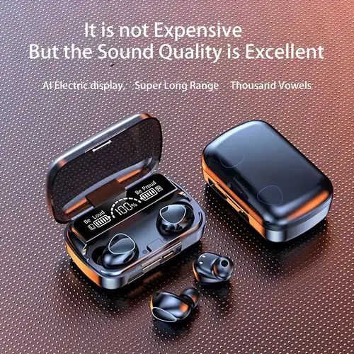 Black wireless earbuds with charging case on a brown textured background