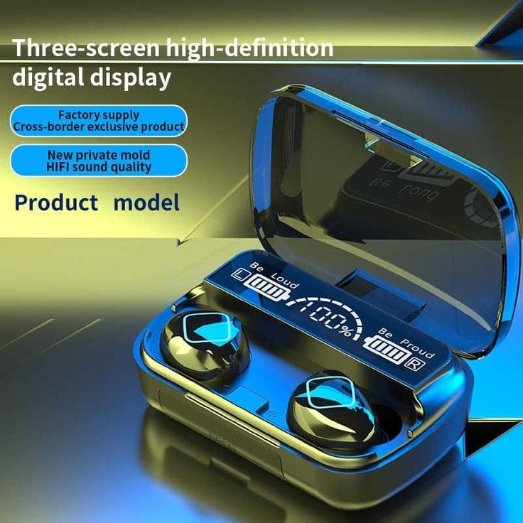 True wireless earbuds with a digital display case on a reflective surface
