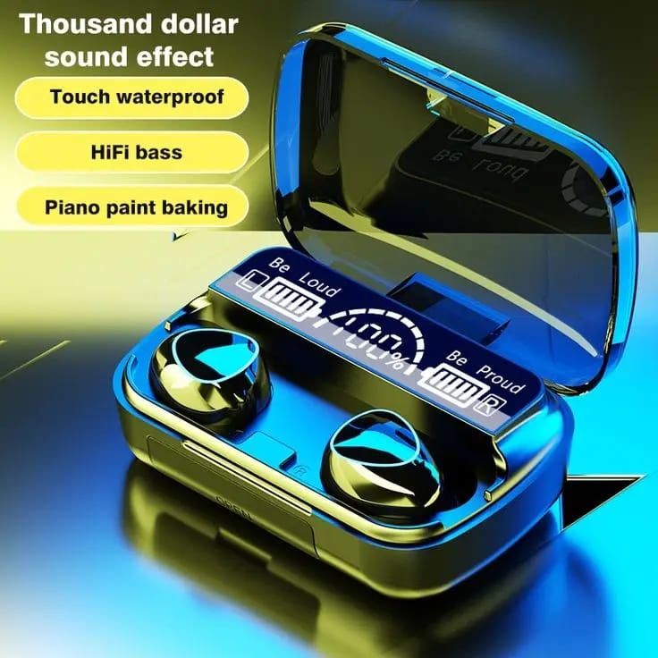 Blue and gold wireless earbuds with charging case on a reflective surface