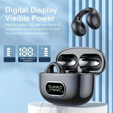 Black wireless earbuds with charging case on a light blue background