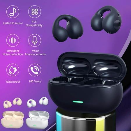 Black wireless earbuds with charging case on a purple background with feature icons.