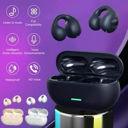 Black wireless earbuds with charging case on a purple background with feature icons.