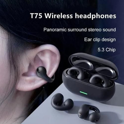 T75 wireless headphones with ear clip design and 5.3 chip on a dark background