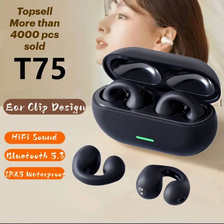 Black wireless earbuds with charging case on a beige background, featuring text about product specifications.