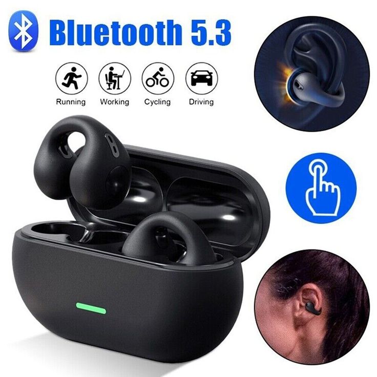 Black wireless earbuds with charging case, Bluetooth 5.3 logo, and usage scenarios on a white background.