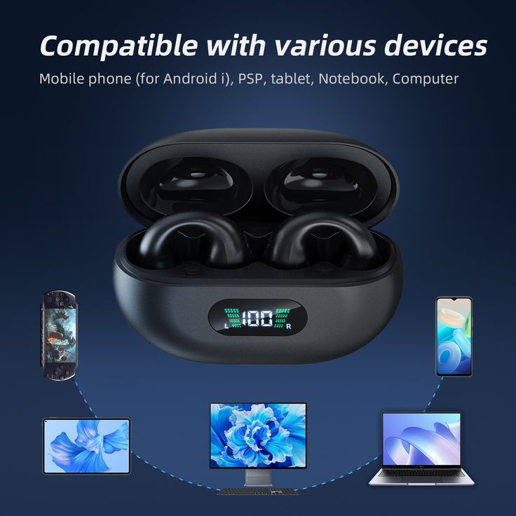 Black electronic device with charging indicator on a blue background, compatible with various devices.