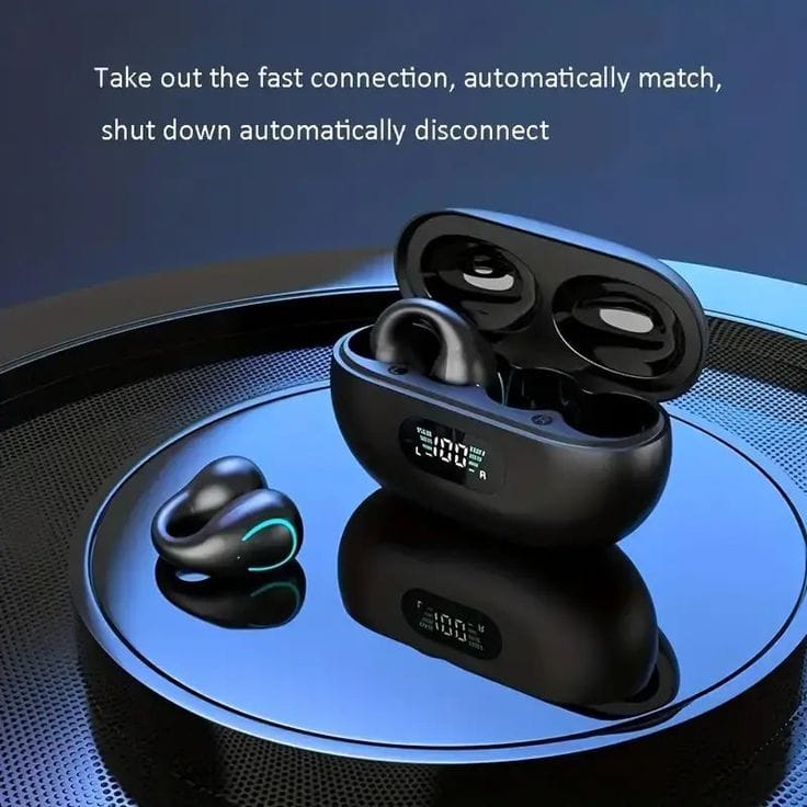Black wireless earbuds with charging case on a reflective surface with text about connection features.