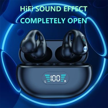 Black wireless earbuds with charging case on a dark blue background, featuring 'HiFi Sound Effect Completely Open' text.