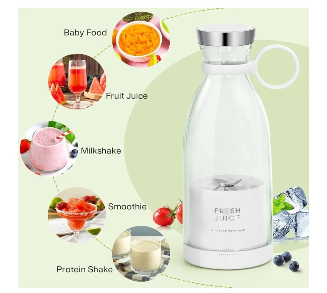 White bottle labeled 'Fresh Juice' with images of food items on a green background