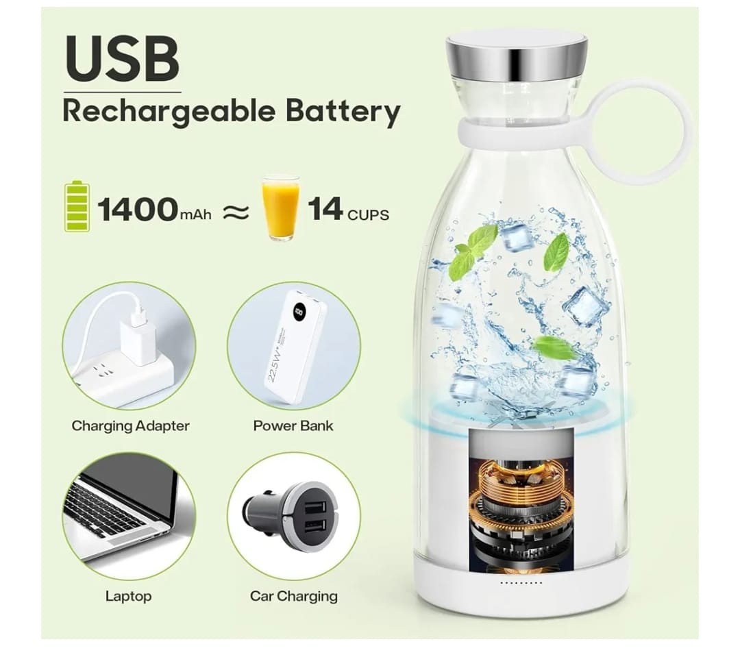 USB rechargeable battery bottle with charging adapter, power bank, laptop, and car charging icons on a light green background.