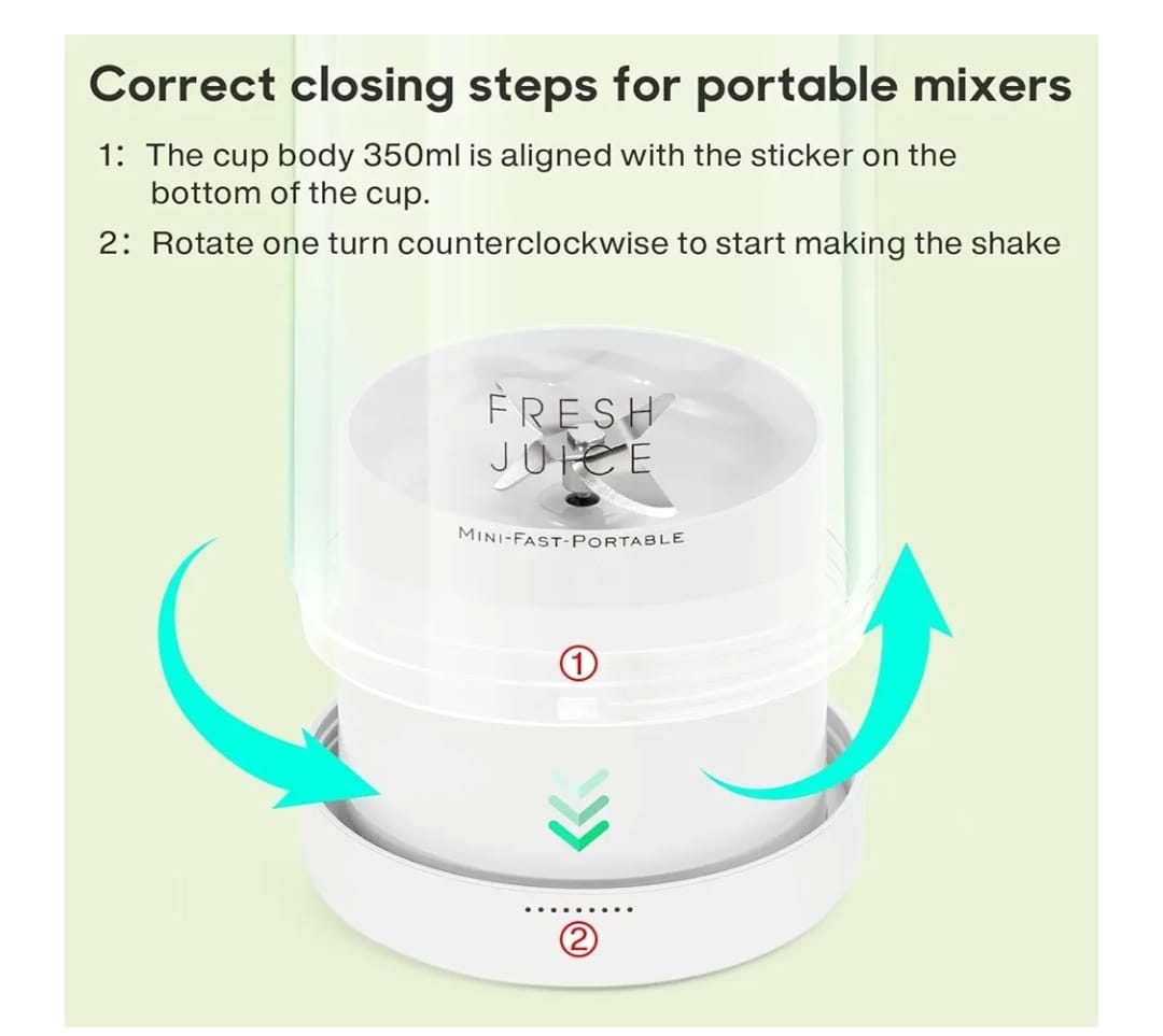 Instructions for using a portable mixer with arrows and text on a light green background
