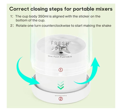 Instructions for using a portable mixer with arrows and text on a light green background