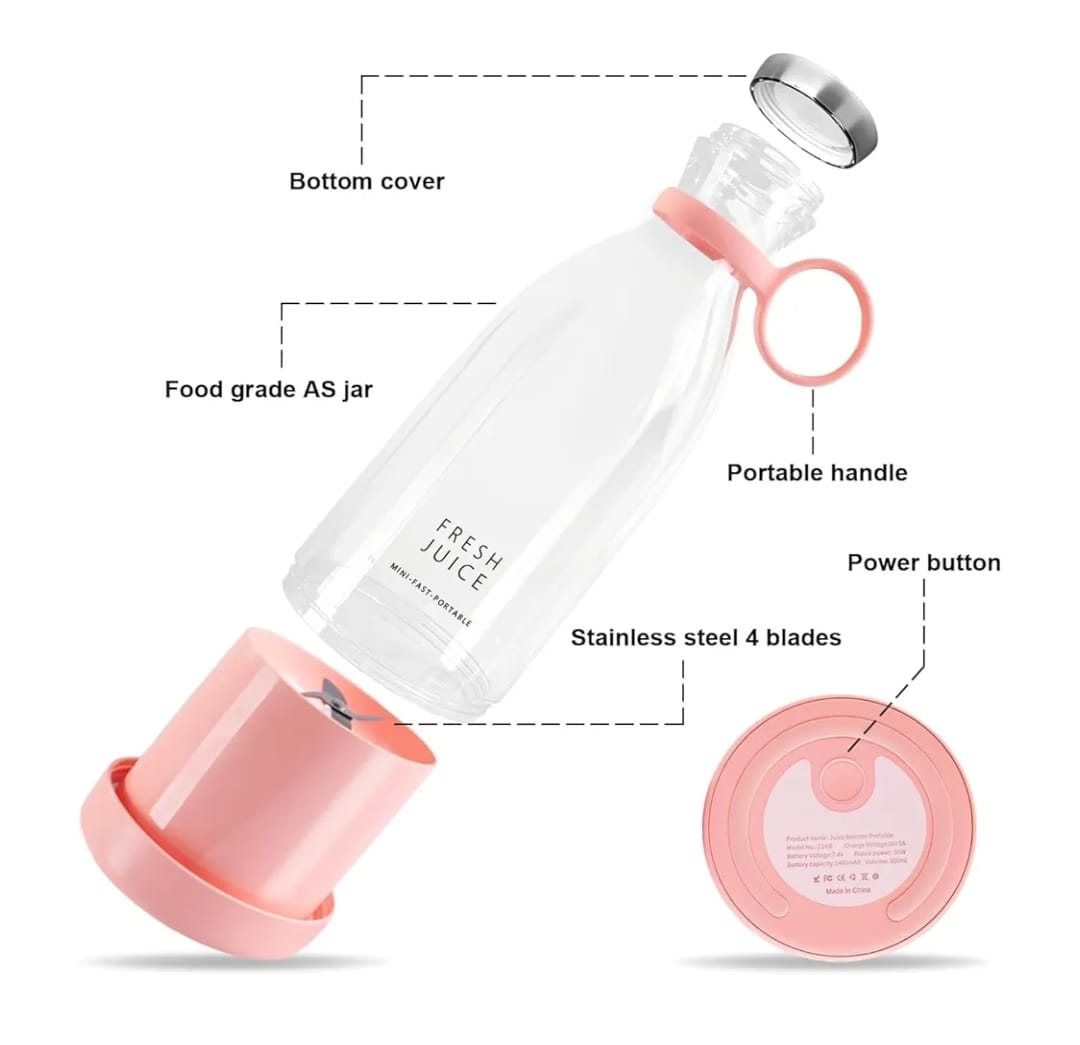 Pink and clear portable juicer with labeled parts on a white background