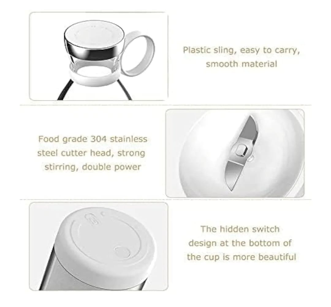 White cup with text highlighting features like plastic sling, stainless steel head, and hidden switch.