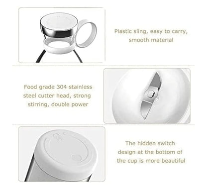 White cup with text highlighting features like plastic sling, stainless steel head, and hidden switch.
