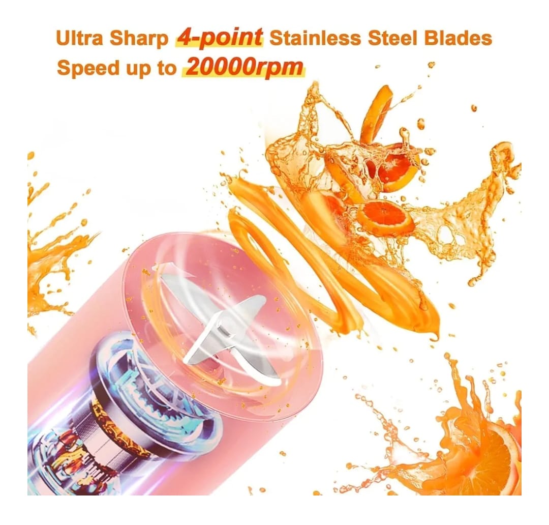 Blender with orange slices and liquid splashes, highlighting blade features and speed.