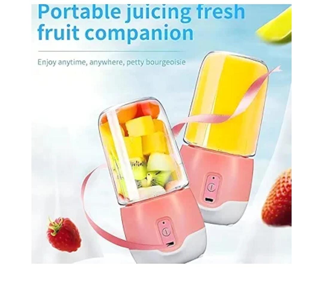 Portable juicer with fruits inside on a light blue background