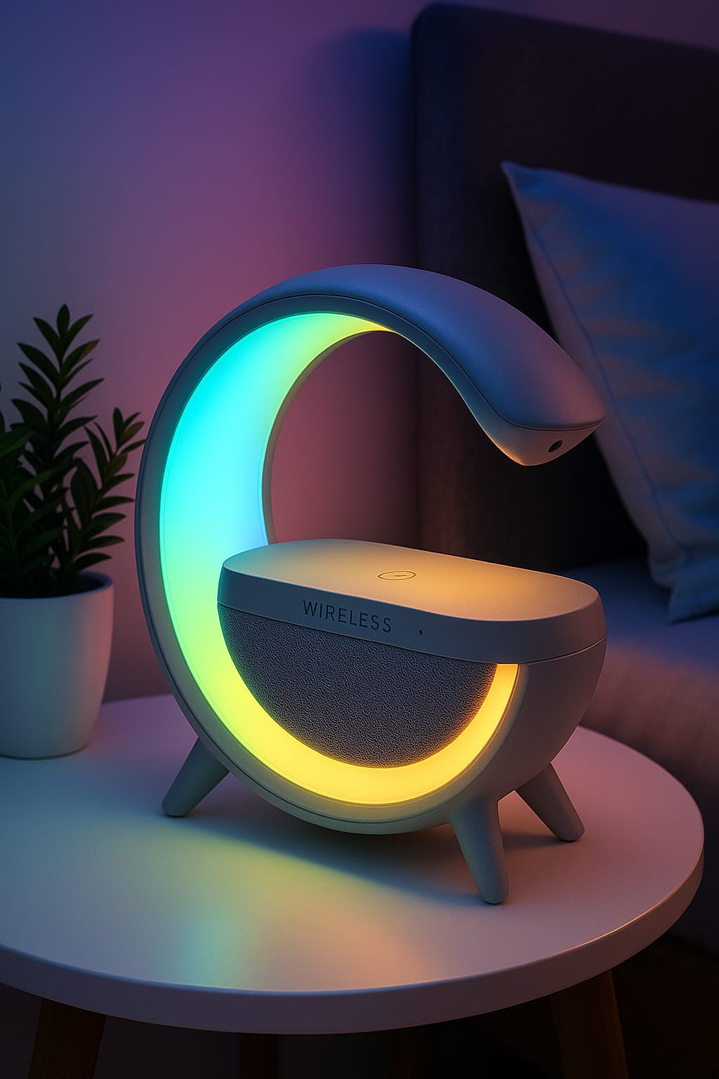 Colorful lamp shaped like a crescent moon on a table with a plant and pillow in the background.