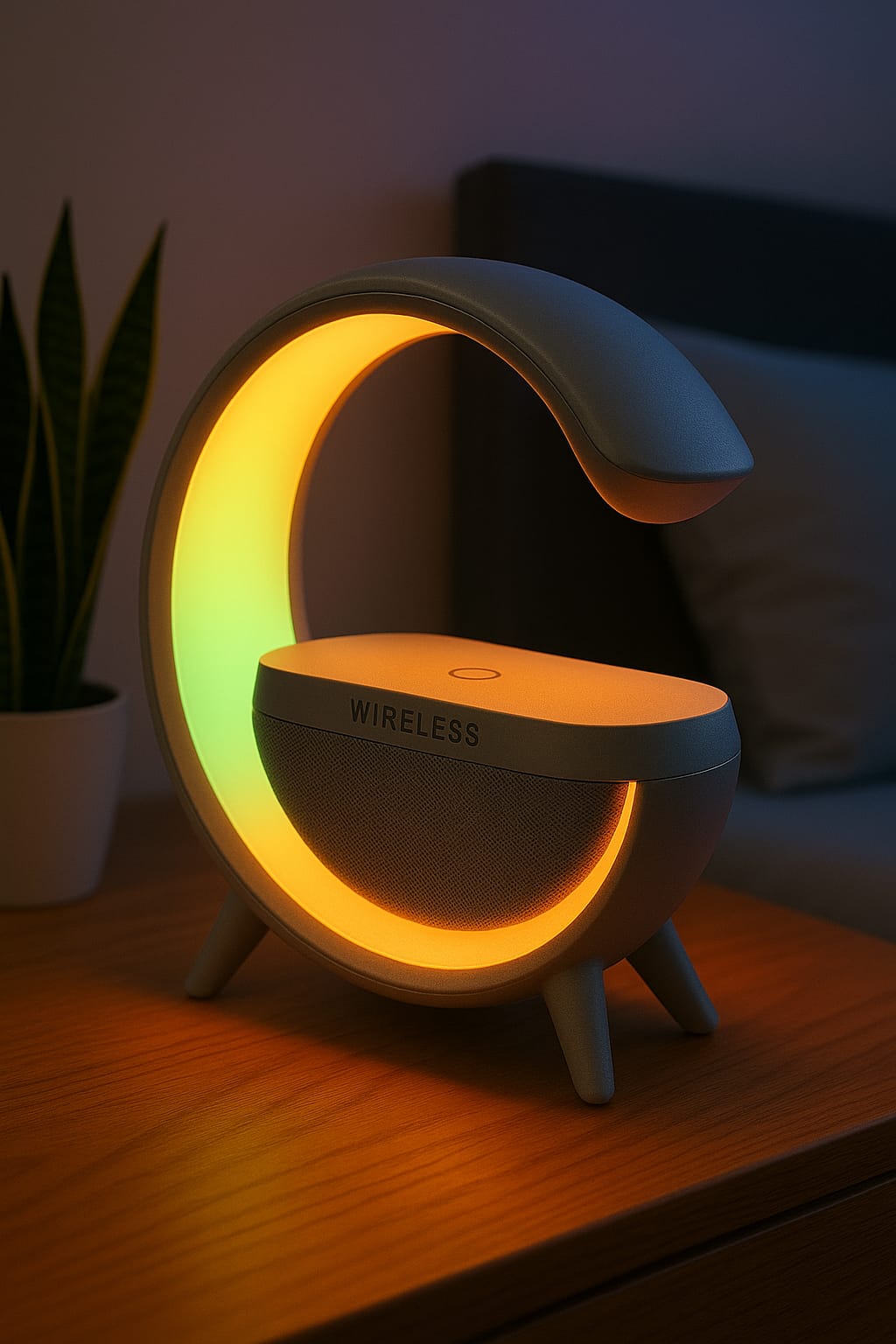 Wireless charging pad with crescent moon design on a wooden surface