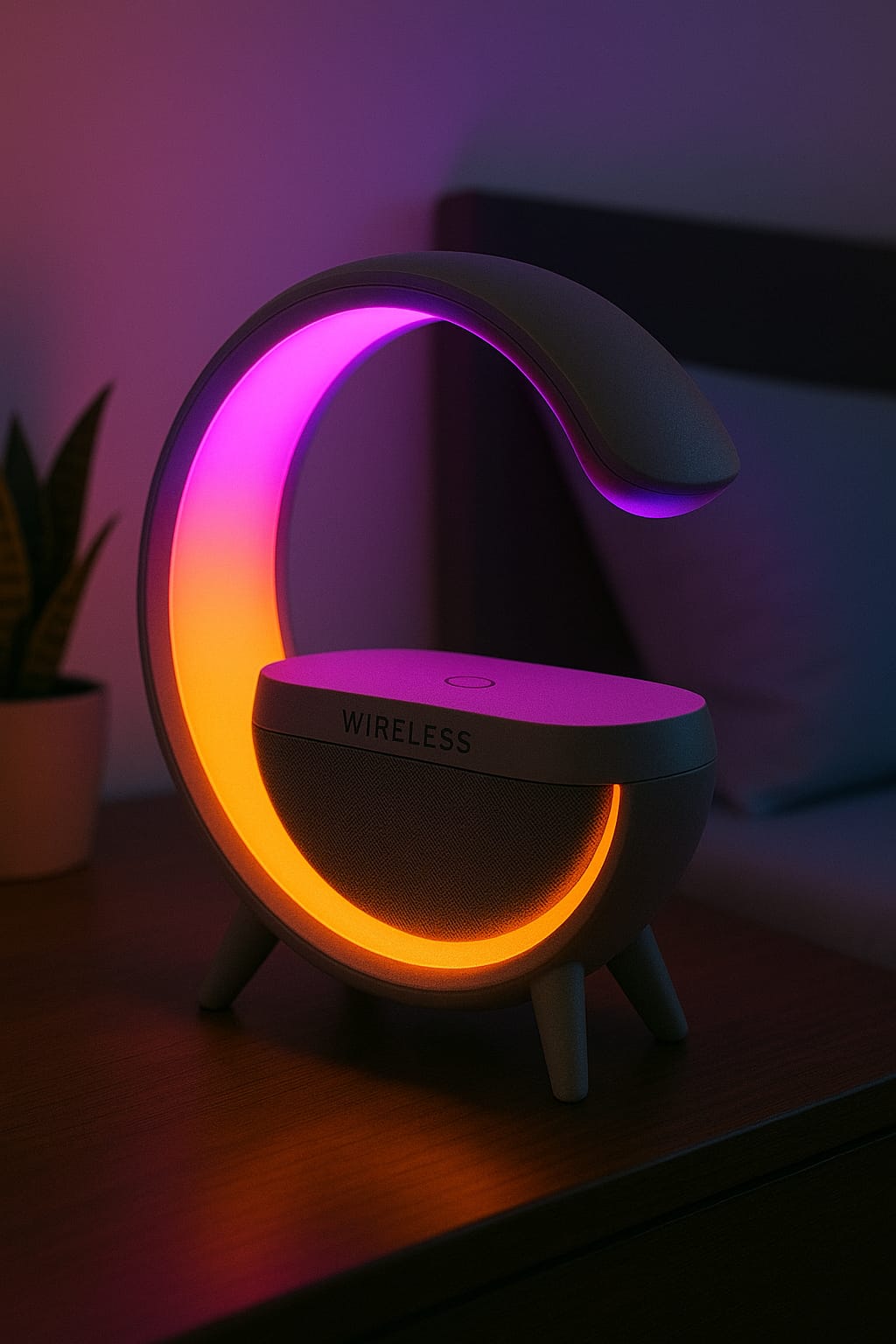 Wireless charging pad with crescent moon design on a wooden surface.
