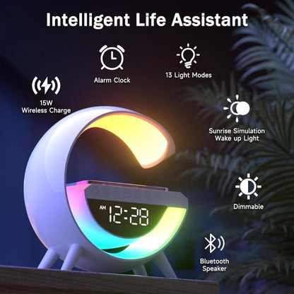 Intelligent life assistant device with colorful display, wireless charging, and multiple functionalities on a dark background.