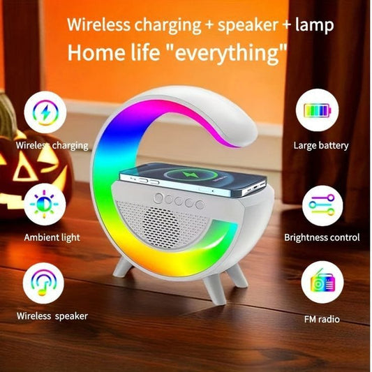 Multifunctional device with wireless charging, speaker, and lamp on a wooden surface.